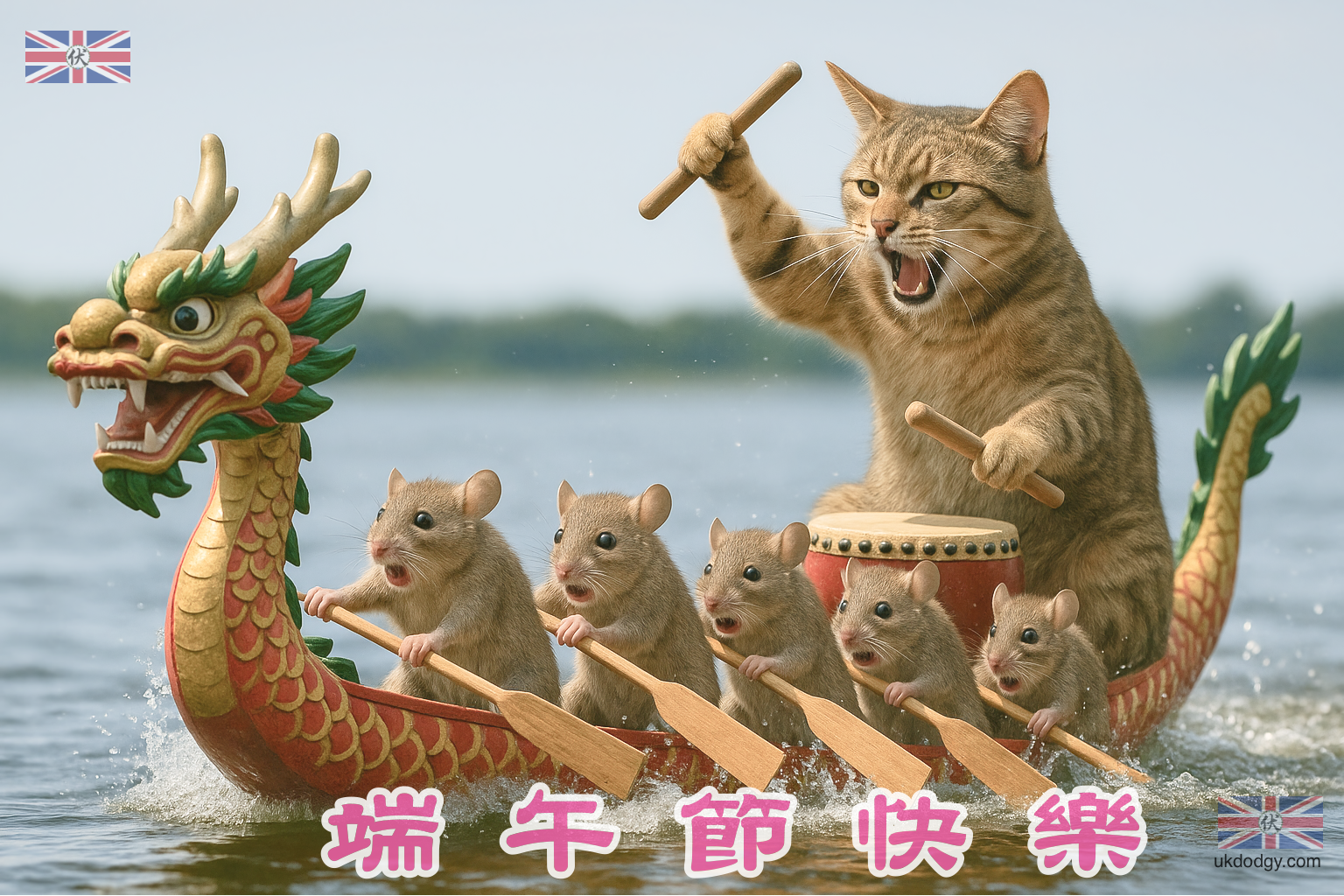 端午節Q版插畫 - 貓咪划龍舟設計素材
