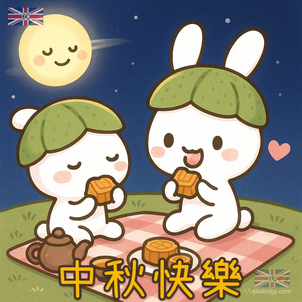 中秋賞月｜玉兔食月餅Q版插畫