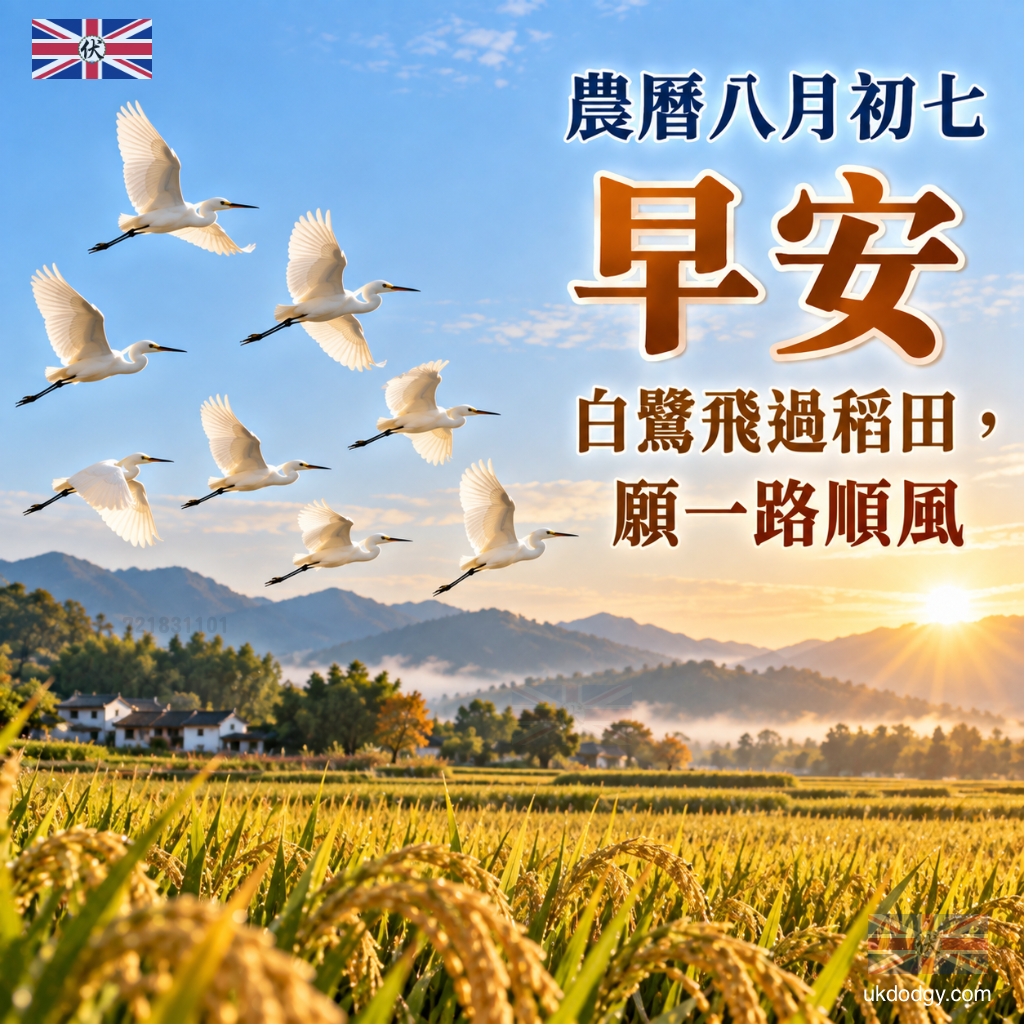 農曆八月初七早安圖｜白鷺飛過稻田，願一路順風