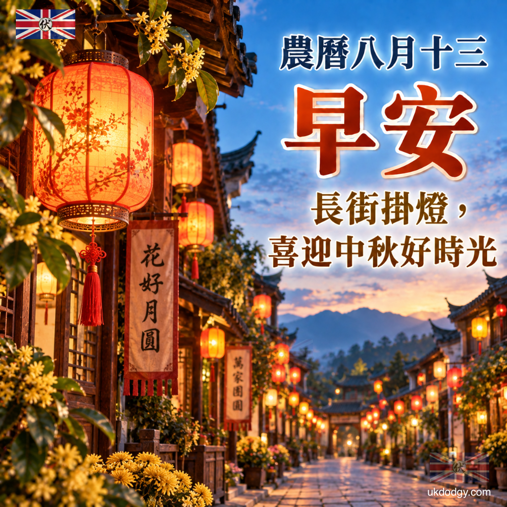 農曆八月十三早安圖|長街掛燈,喜迎中秋好時光