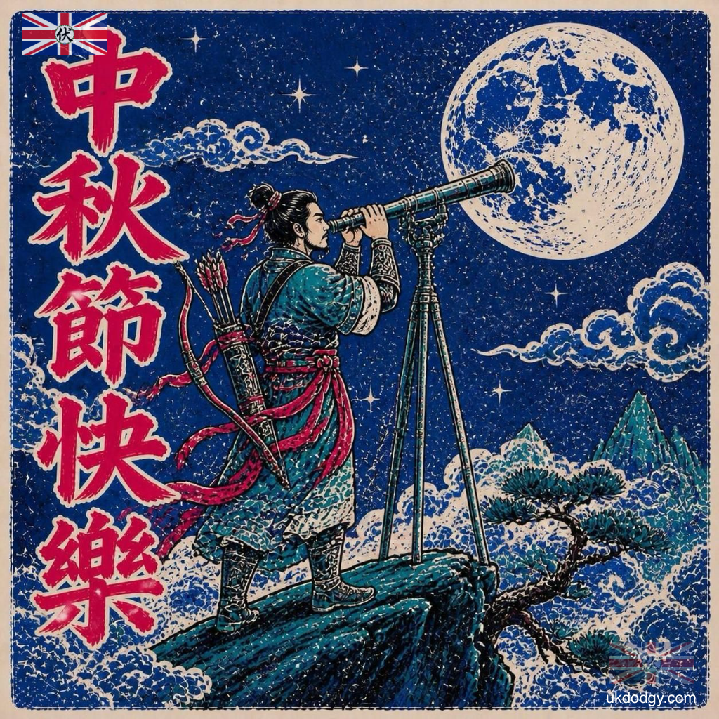 后羿望月中秋節圖片素材:免費復古插畫