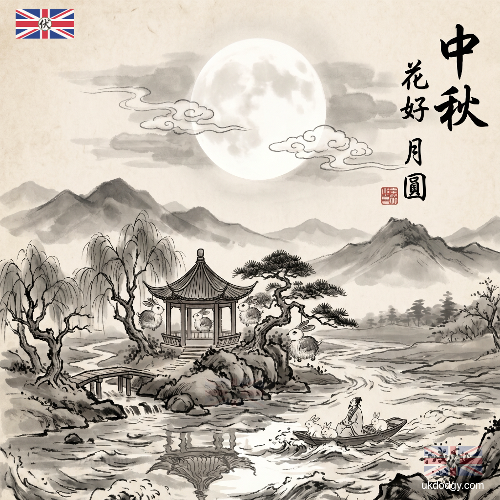 中秋節水墨畫風
