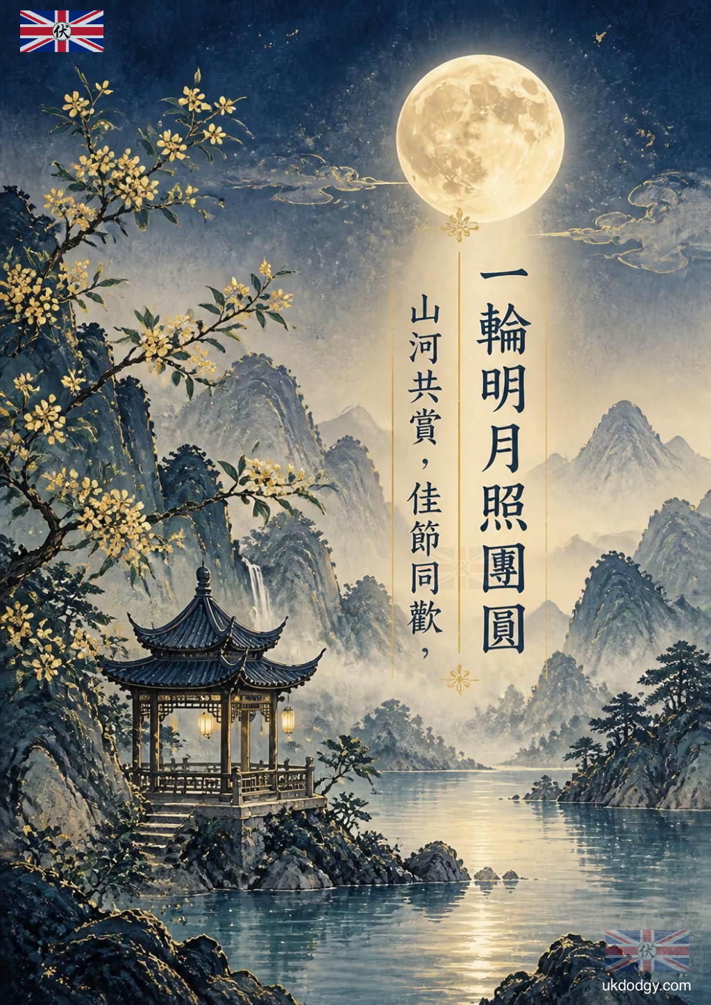 中秋節海報設計｜月映山河傳統東方風圖片素材
