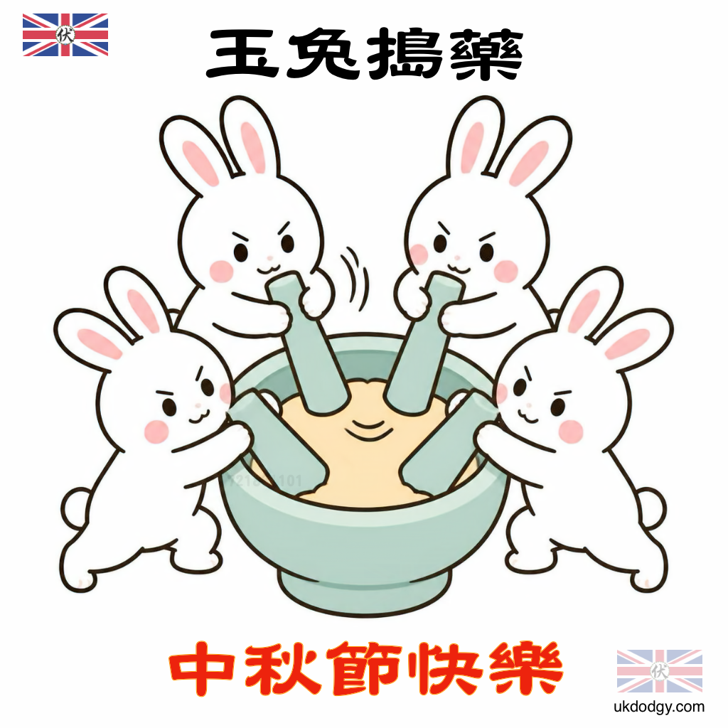 玉兔搗藥中秋節圖片素材｜可愛玉兔一起搗藥的Q版插畫