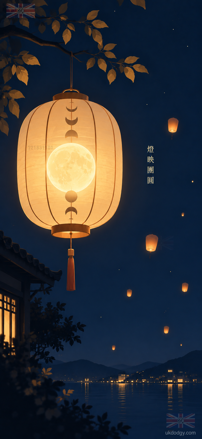 月亮燈籠中秋手機桌布下載｜湖畔夜景手機背景