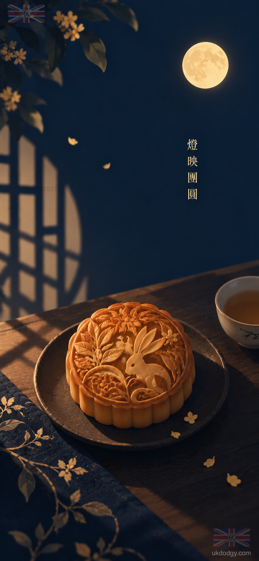 兔子月餅中秋手機桌布下載｜月光茶席手機背景