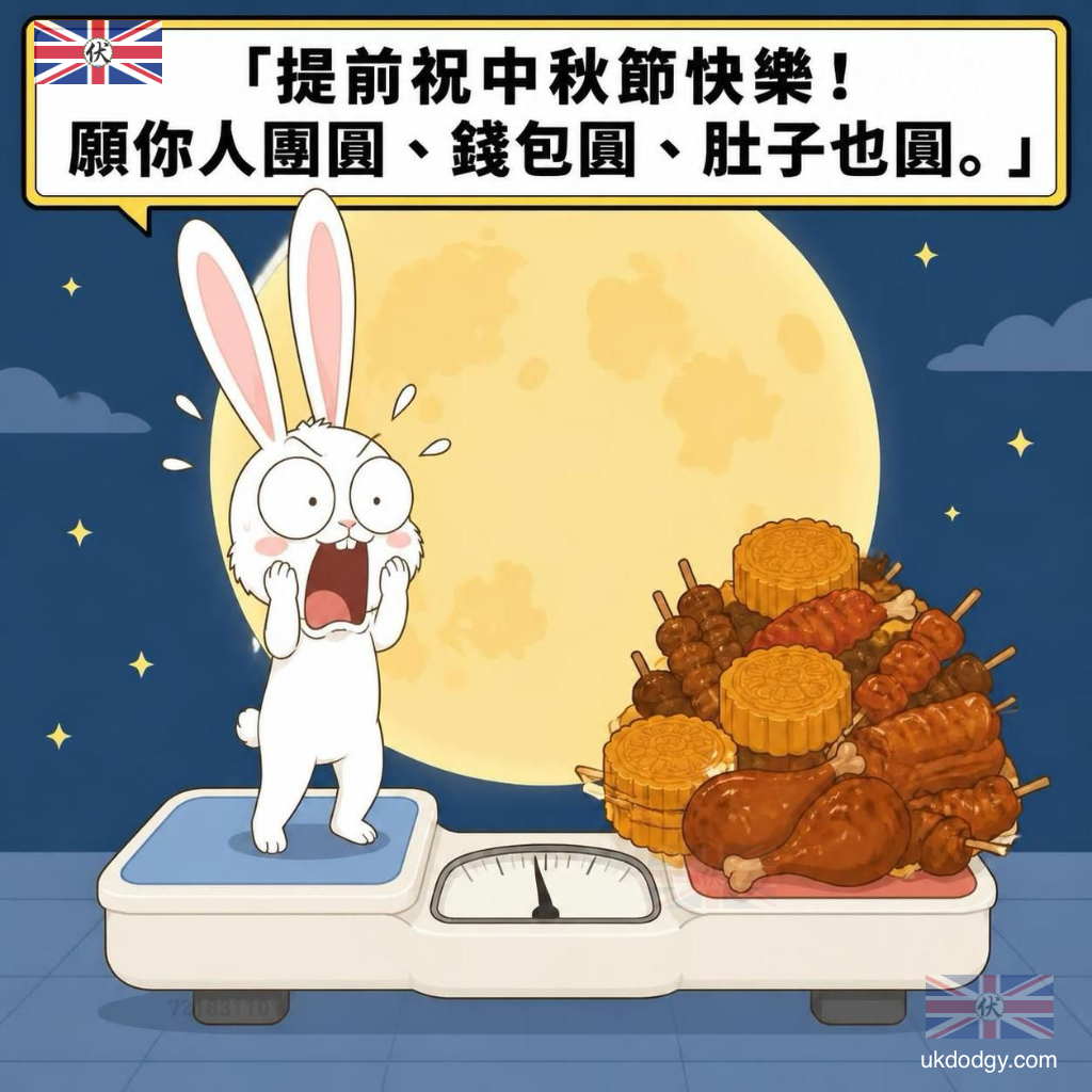 提前祝中秋節快樂：玉兔月餅與烤肉祝福圖片