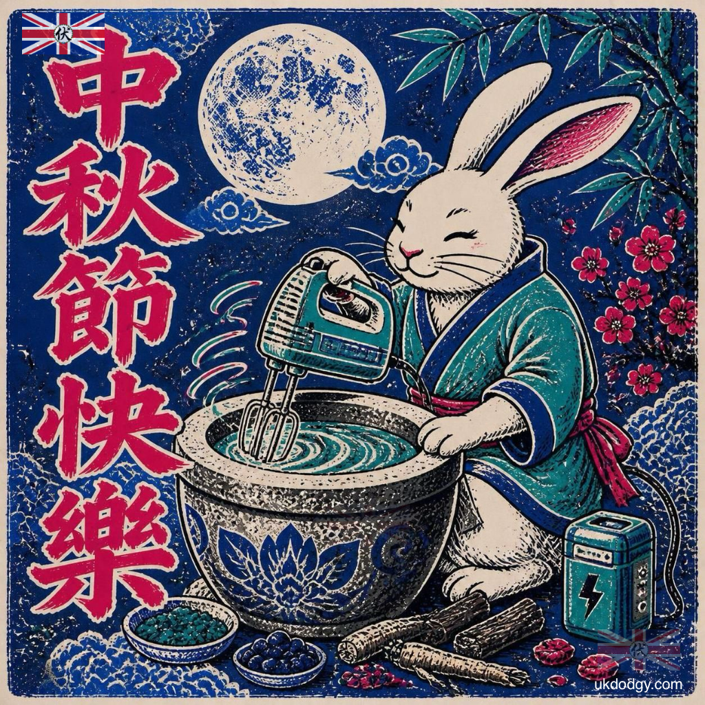 玉兔搗藥中秋節圖片素材:創意復古插畫