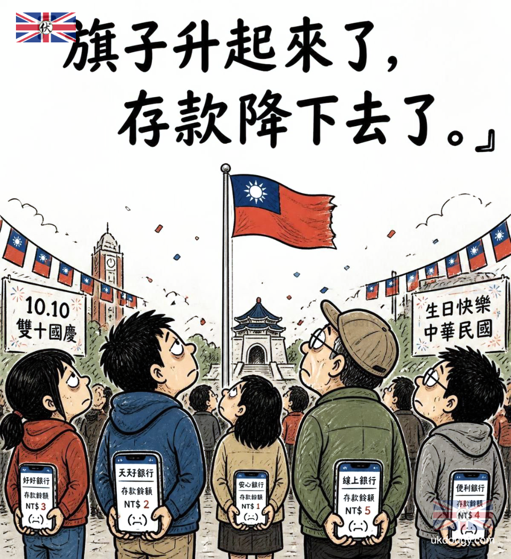 國慶日升旗梗圖：旗子升起，存款降下