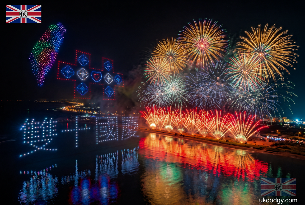 台東國慶煙火卑南溪出海口圖片|無人機與煙火映照夜空