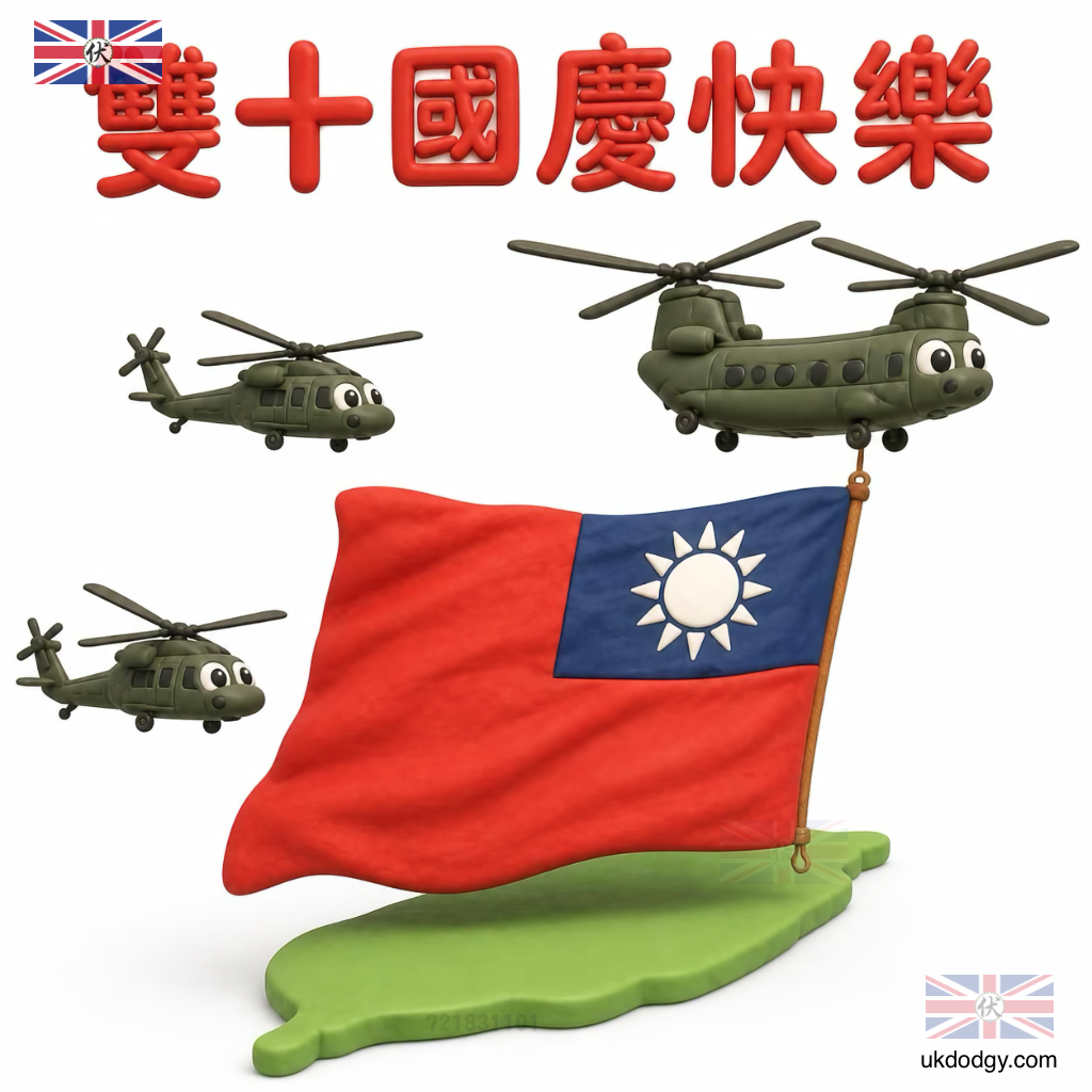 Q版台灣國慶卡通：直升機國旗機隊雙十節祝福圖